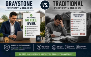 Side-by-side infographic: Graystone on the left with 'No Fees. Ever.' and a calm man at a laptop; traditional managers on the right with 'Hidden Costs' and a stressed man.