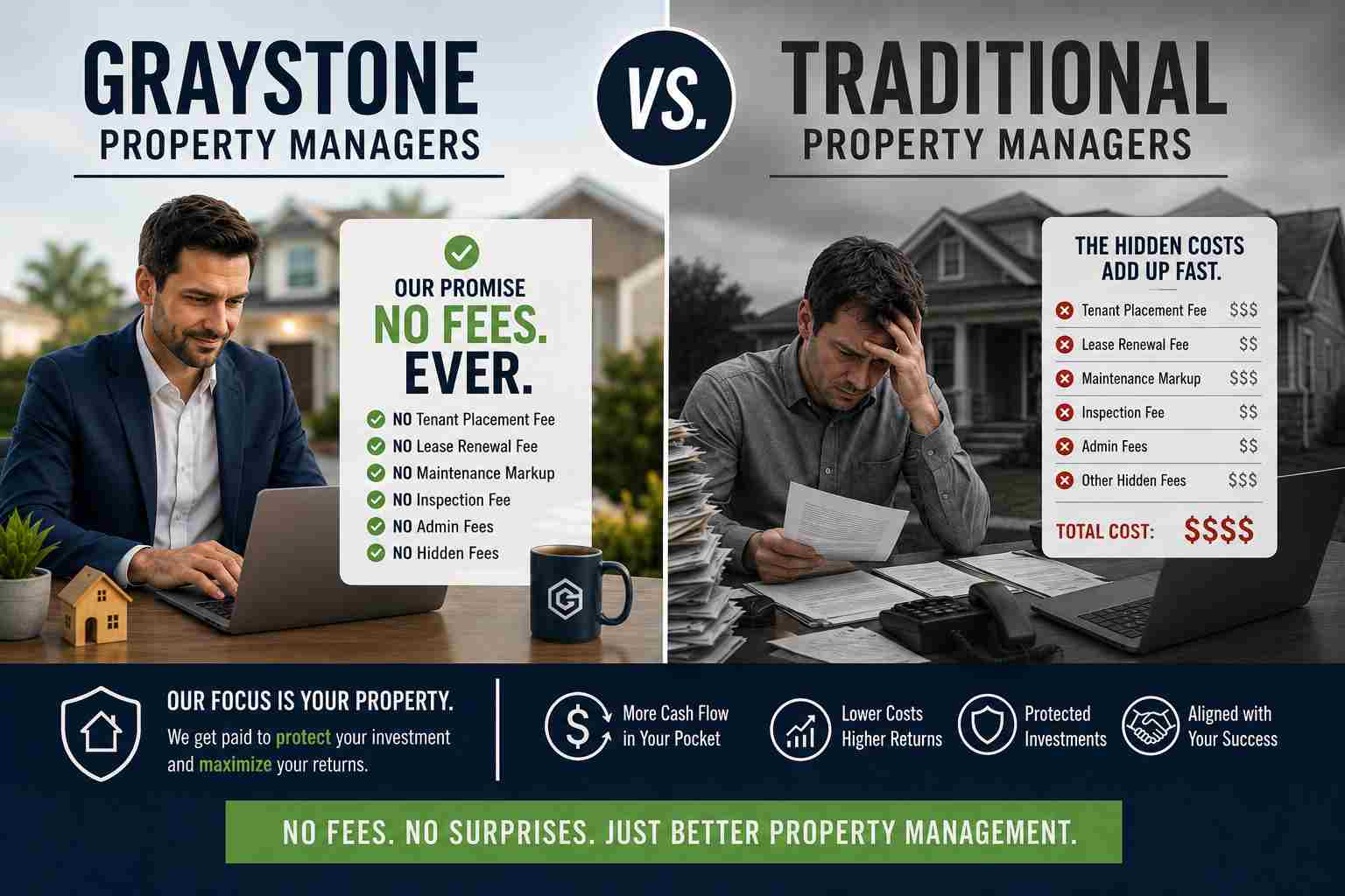 Side-by-side infographic: Graystone on the left with 'No Fees. Ever.' and a calm man at a laptop; traditional managers on the right with 'Hidden Costs' and a stressed man.
