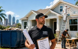 Foreman in a black cap and Tampa Project Management polo holds blueprints and a project plan at a home renovation site, with workers in the background.