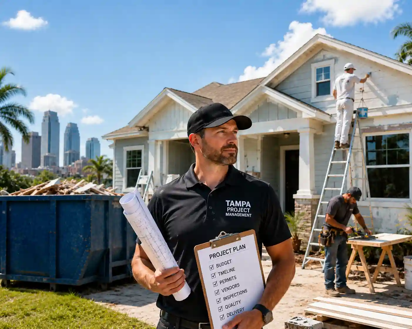 Foreman in a black cap and Tampa Project Management polo holds blueprints and a project plan at a home renovation site, with workers in the background.
