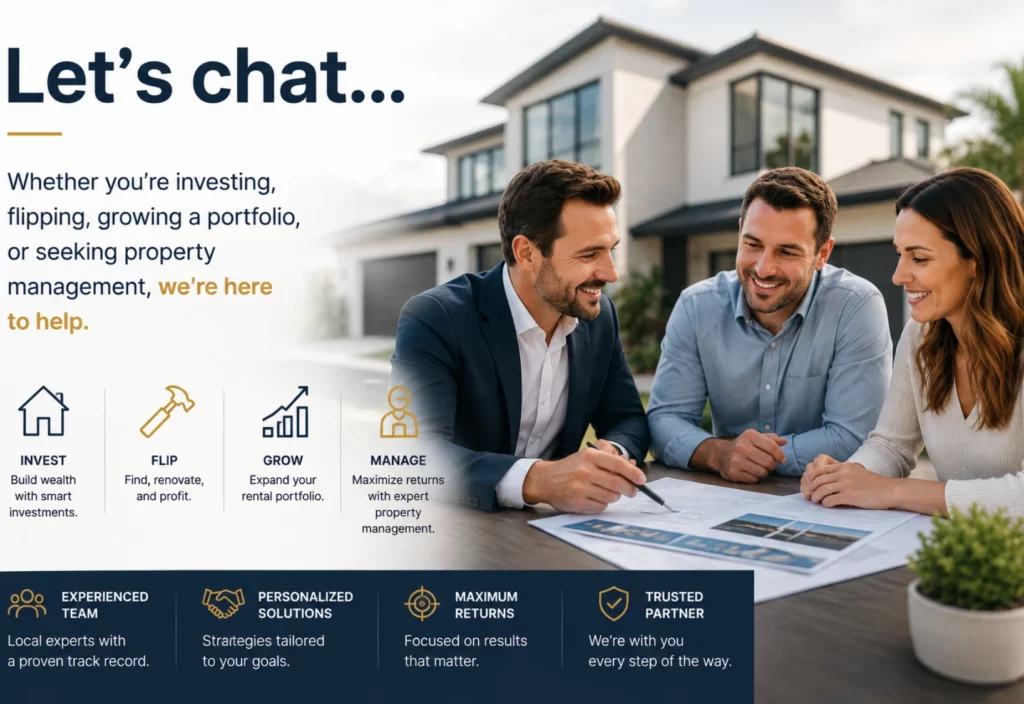 Marketing hero: three professionals at a table reviewing documents outdoors in front of a modern house, inviting real estate investing help.
