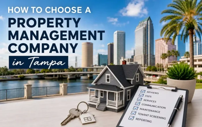how to choose a PM in tampa - Graystone Investment Group Tampa skyline with a miniature house, keys, and a clipboard checklist for choosing a property management company.