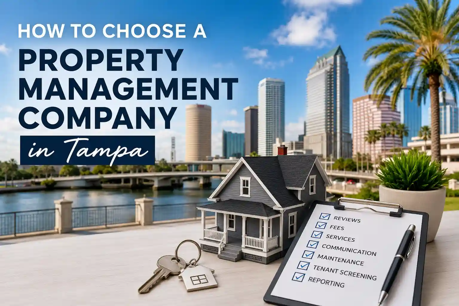 Tampa skyline with a miniature house, keys, and a clipboard checklist for choosing a property management company.