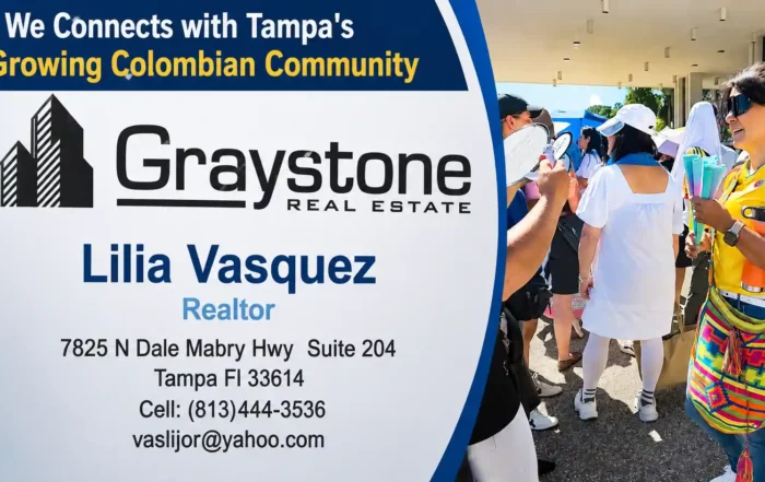 Signboard for Graystone Real Estate featuring Lilia Vasquez, Realtor, with contact details; people gathering at an outdoor event nearby.