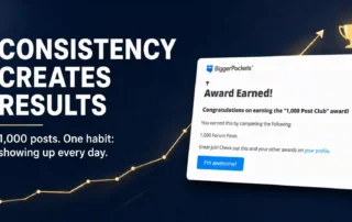 Bold headline 'Consistency Creates Results' with a rising gold graph and a tilted white award card on the right reading 'Award Earned!'