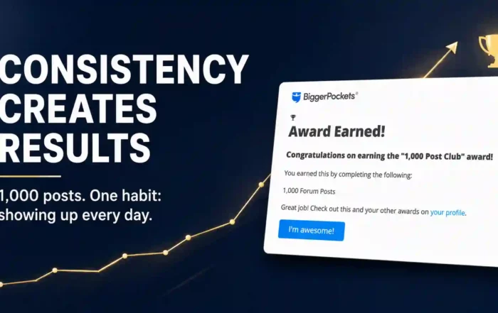 Bold headline 'Consistency Creates Results' with a rising gold graph and a tilted white award card on the right reading 'Award Earned!'