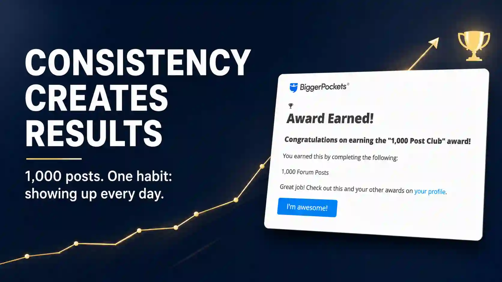 - Graystone Investment Group Bold headline 'Consistency Creates Results' with a rising gold graph and a tilted white award card on the right reading 'Award Earned!'