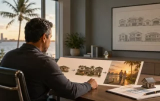 Man sits at a desk examining a storyboard of house designs, with scale models and plans nearby.