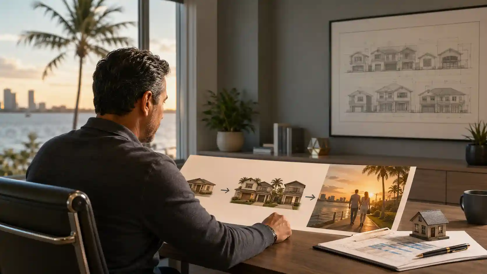 Man sits at a desk examining a storyboard of house designs, with scale models and plans nearby.