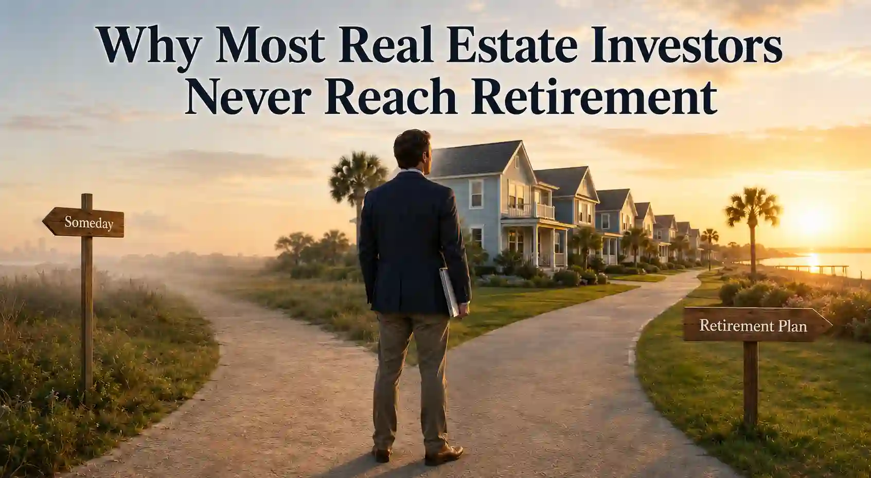 ChatGPT Image Jul 18 2026 07_25_28 PM - Graystone Investment Group Man in a suit with a briefcase walks toward a row of houses at sunset; signs read 'Someday' and 'Retirement Plan'