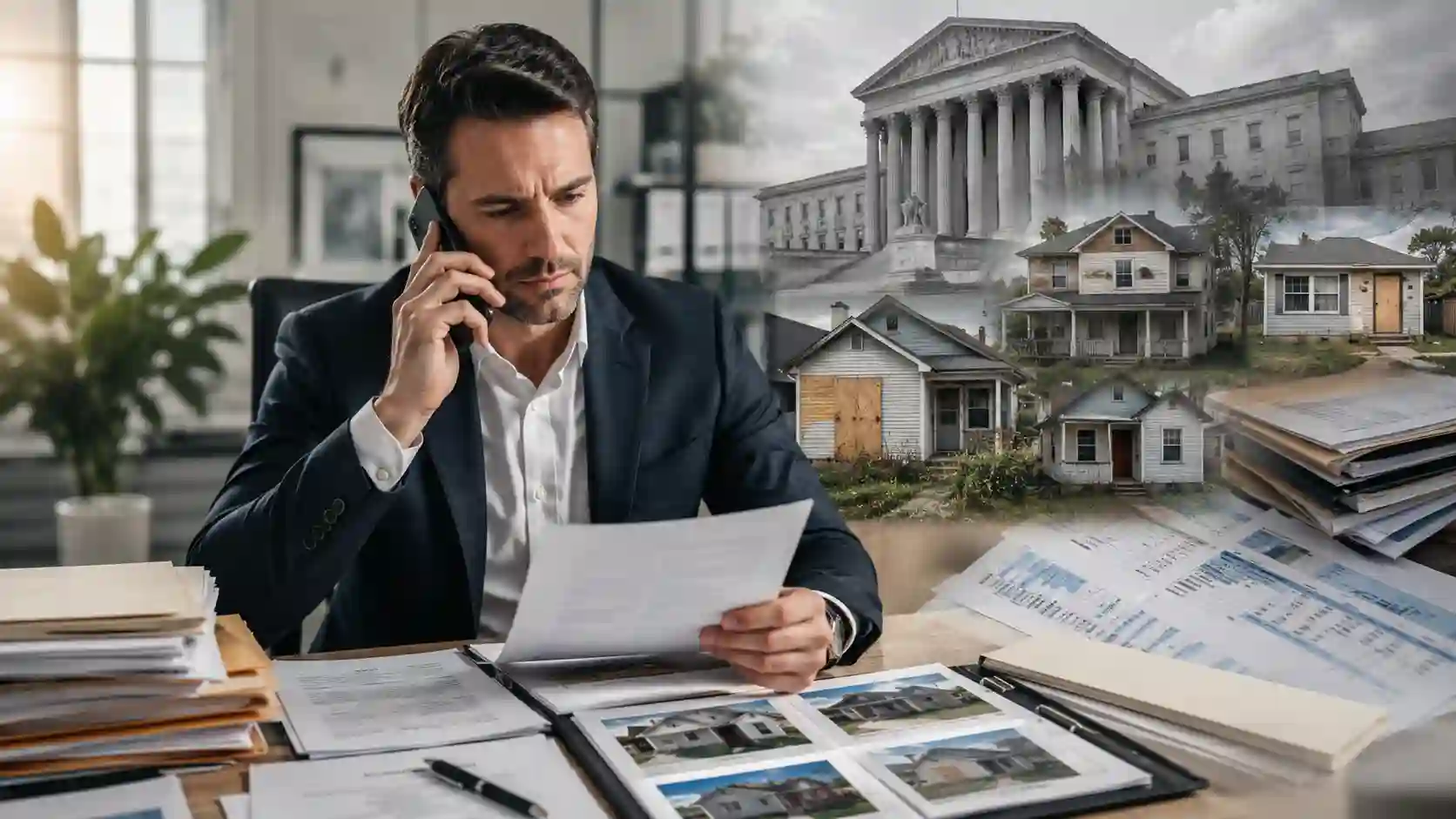 ChatGPT Image Jul 24 2026 01_24_13 PM - Graystone Investment Group Man in a suit on a phone call at a desk, reviewing papers; background collage includes houses, documents, and a courthouse.