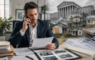 Man in suit sits at desk on a business call, holding papers amid stacks, with a montage of houses and a courthouse in the background.