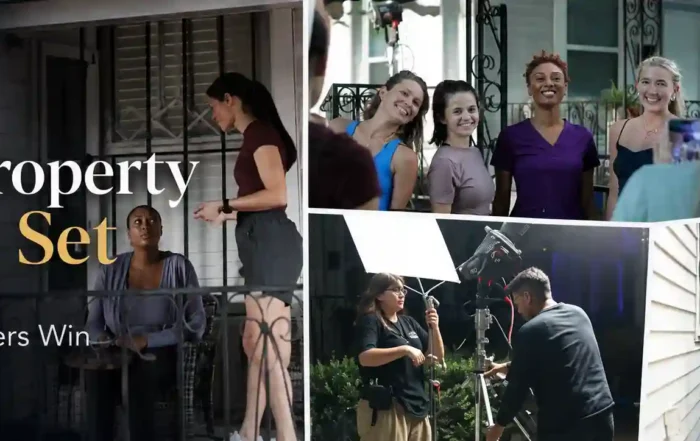 Collage showing people on a movie set behind the text 'From Rental Property to Movie Set' conveying a behind-the-scenes film production theme