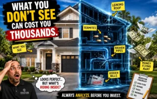 Twin-house image: left shows a sunny home, right reveals a ghostly blue blueprint with hidden home defects like termites, leaks, and broken pipes labeled with yellow notes; money flies away and a checklist is visible.