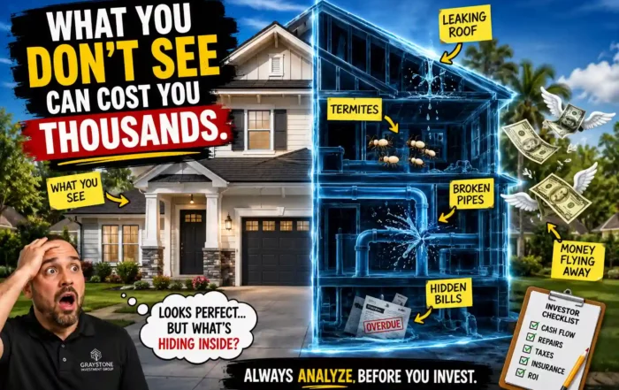 - Graystone Investment Group Twin-house image: left shows a sunny home, right reveals a ghostly blue blueprint with hidden home defects like termites, leaks, and broken pipes labeled with yellow notes; money flies away and a checklist is visible.