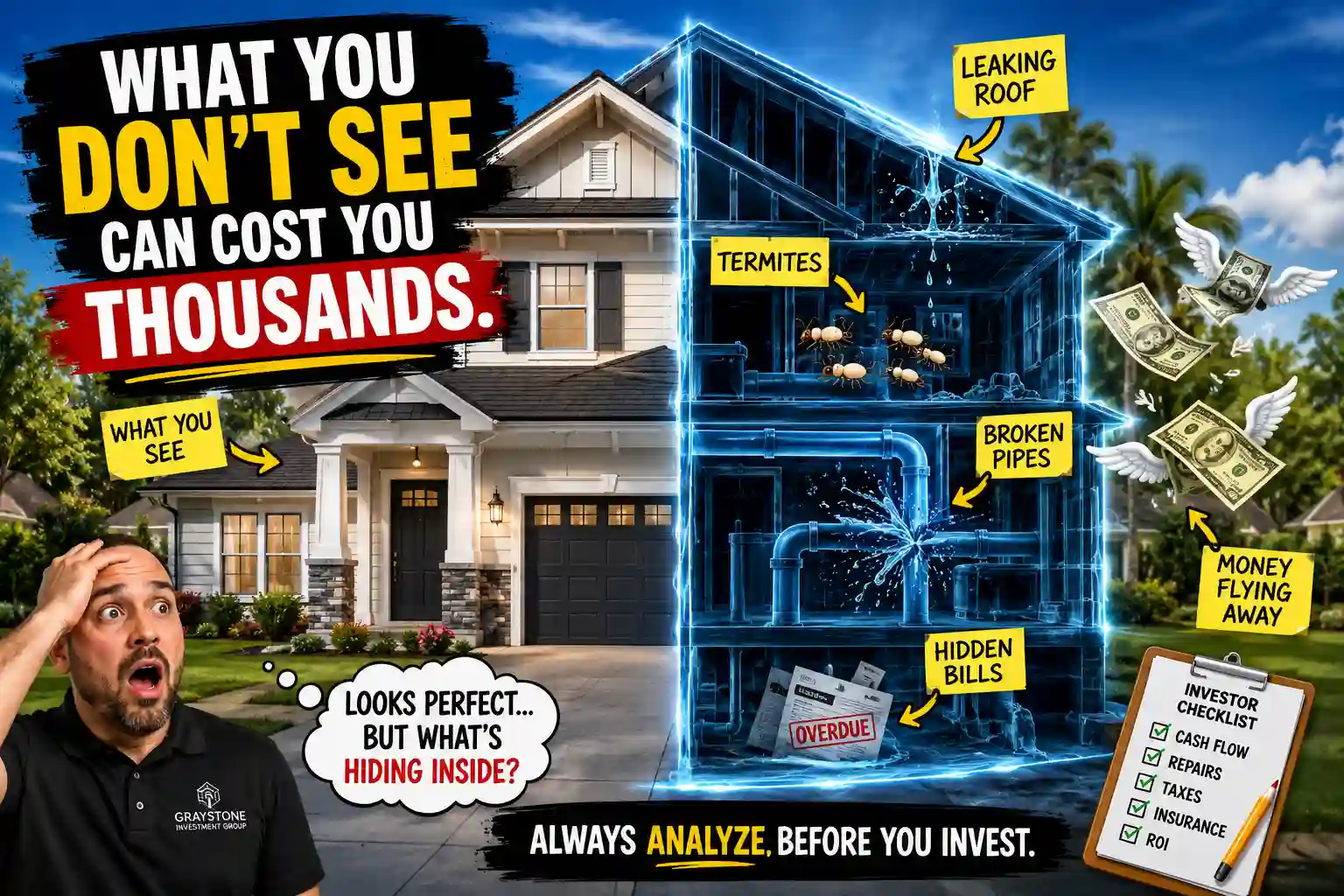 Twin-house image: left shows a sunny home, right reveals a ghostly blue blueprint with hidden home defects like termites, leaks, and broken pipes labeled with yellow notes; money flies away and a checklist is visible.