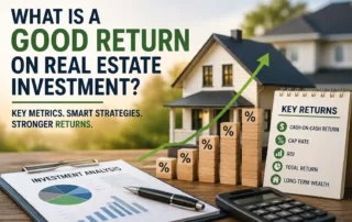 Promo image about real estate investment: house with green upward arrow and stacked % blocks, conveying growing returns.