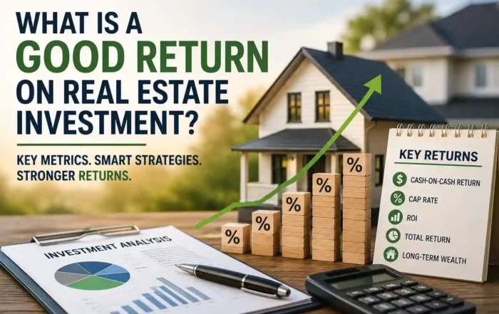 - Graystone Investment Group Promo image about real estate investment: house with green upward arrow and stacked % blocks, conveying growing returns.