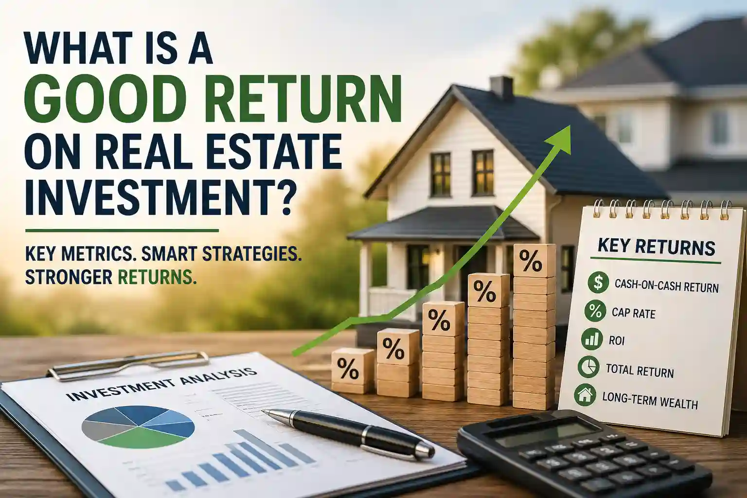 Promo image about real estate investment: house with green upward arrow and stacked % blocks, conveying growing returns.