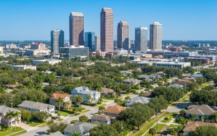 City skyline with tall office buildings rising over a suburban neighborhood on a sunny day with palm trees in the foreground
