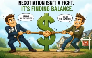 Real estate agent and investor pull a rope around a large green dollar sign, with a 'For Sale' sign in the yard, illustrating negotiation as balance.