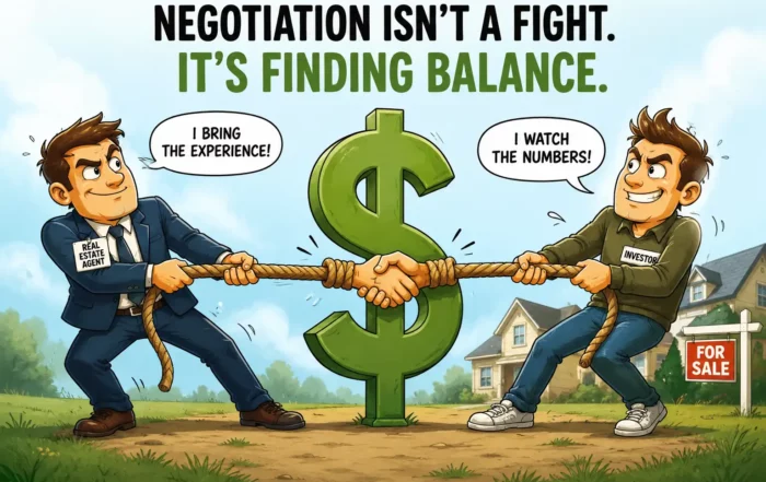 Real estate agent and investor pull a rope around a large green dollar sign, with a 'For Sale' sign in the yard, illustrating negotiation as balance.