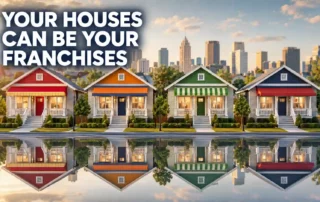 Your houses can be your franchises — five colorful cottages with striped awnings, city skyline behind, reflected in water.