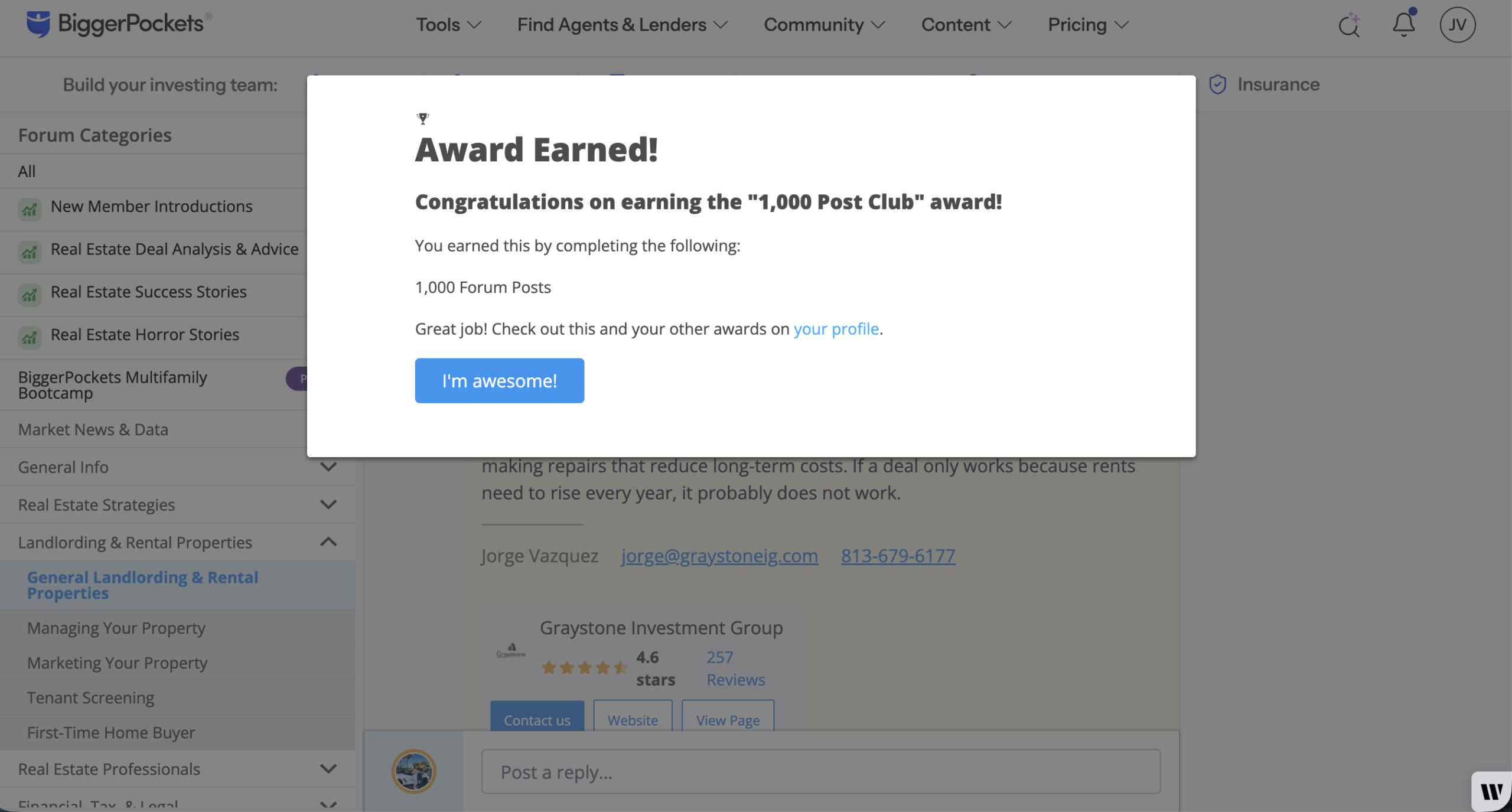 - Graystone Investment Group Pop-up dialog announcing 'Award Earned' for reaching the '1,000 Post Club' award; mentions 1,000 forum posts and a link to your profile. Button reads 'I'm awesome!'