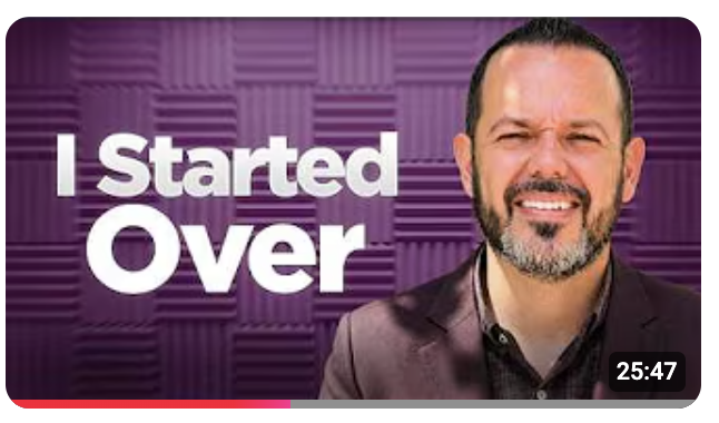 Screenshot 2026-07-18 at 115000 PM - Graystone Investment Group Video thumbnail showing a smiling man in a dark blazer against a purple textured background with the title 'I Started Over' (duration 25:47).