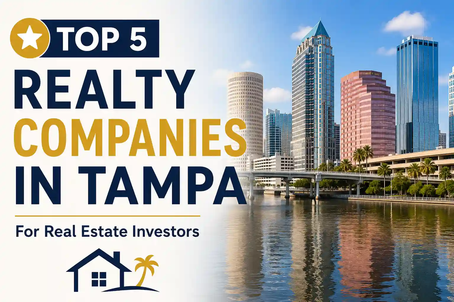 Banner reading 'Top 5 Realty Companies in Tampa' with downtown Tampa skyline and water view (informative/marketing).