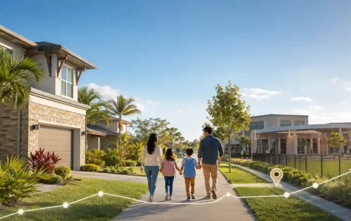 A family of four walks hand-in-hand down a sunny suburban sidewalk past modern houses and palm trees, with subtle AR navigation lines overlaying the scene.
