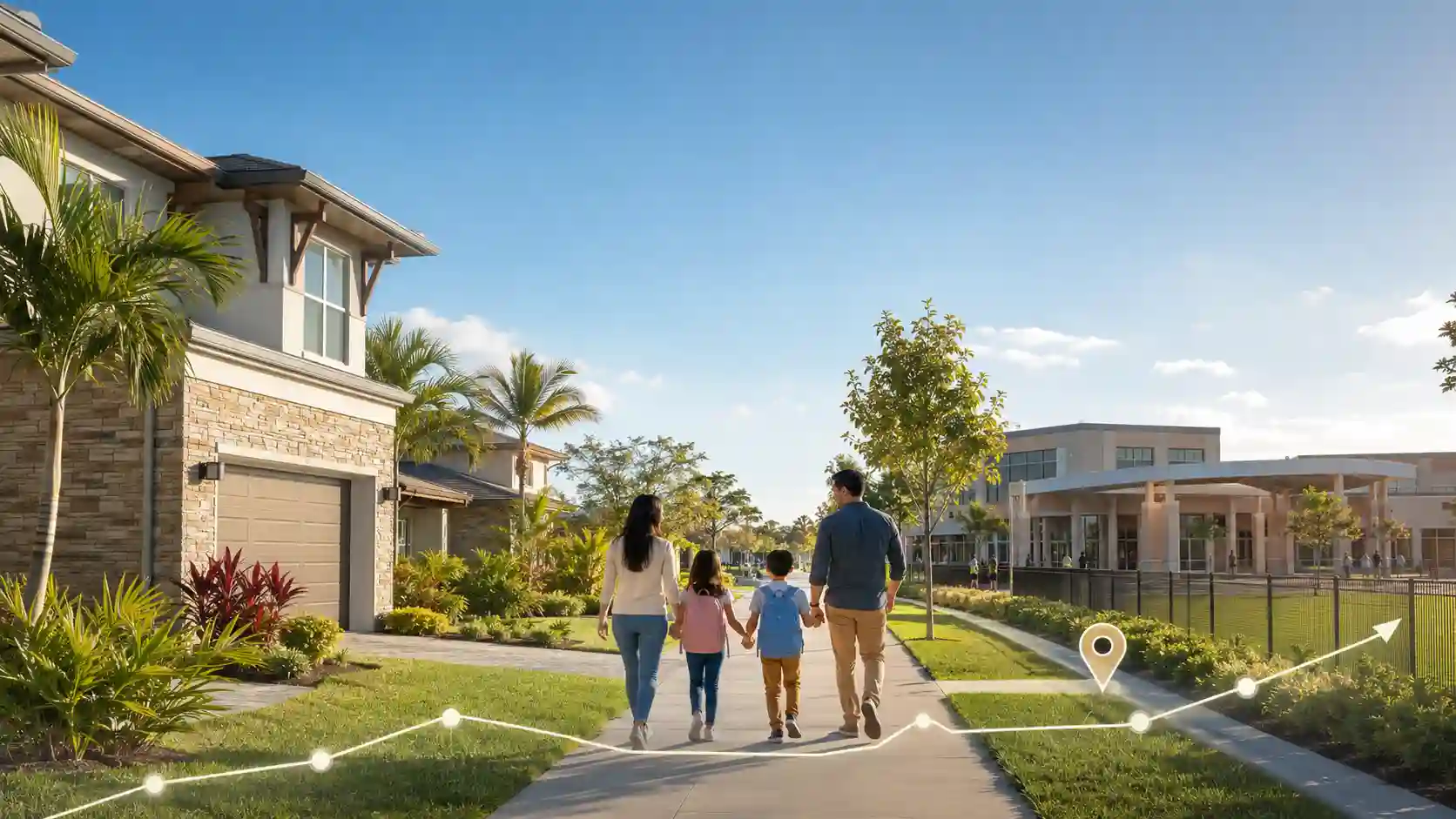 A family of four walks hand-in-hand down a sunny suburban sidewalk past modern houses and palm trees, with subtle AR navigation lines overlaying the scene.