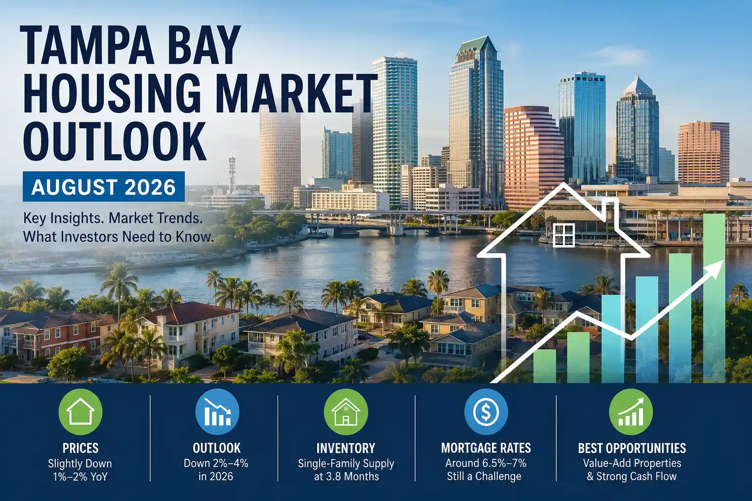 Market Outlook - Graystone Investment Group - Graystone Investment Group Promotional infographic: Tampa Bay housing market outlook for August 2026 with city skyline, bold title, and rising-chart overlay.