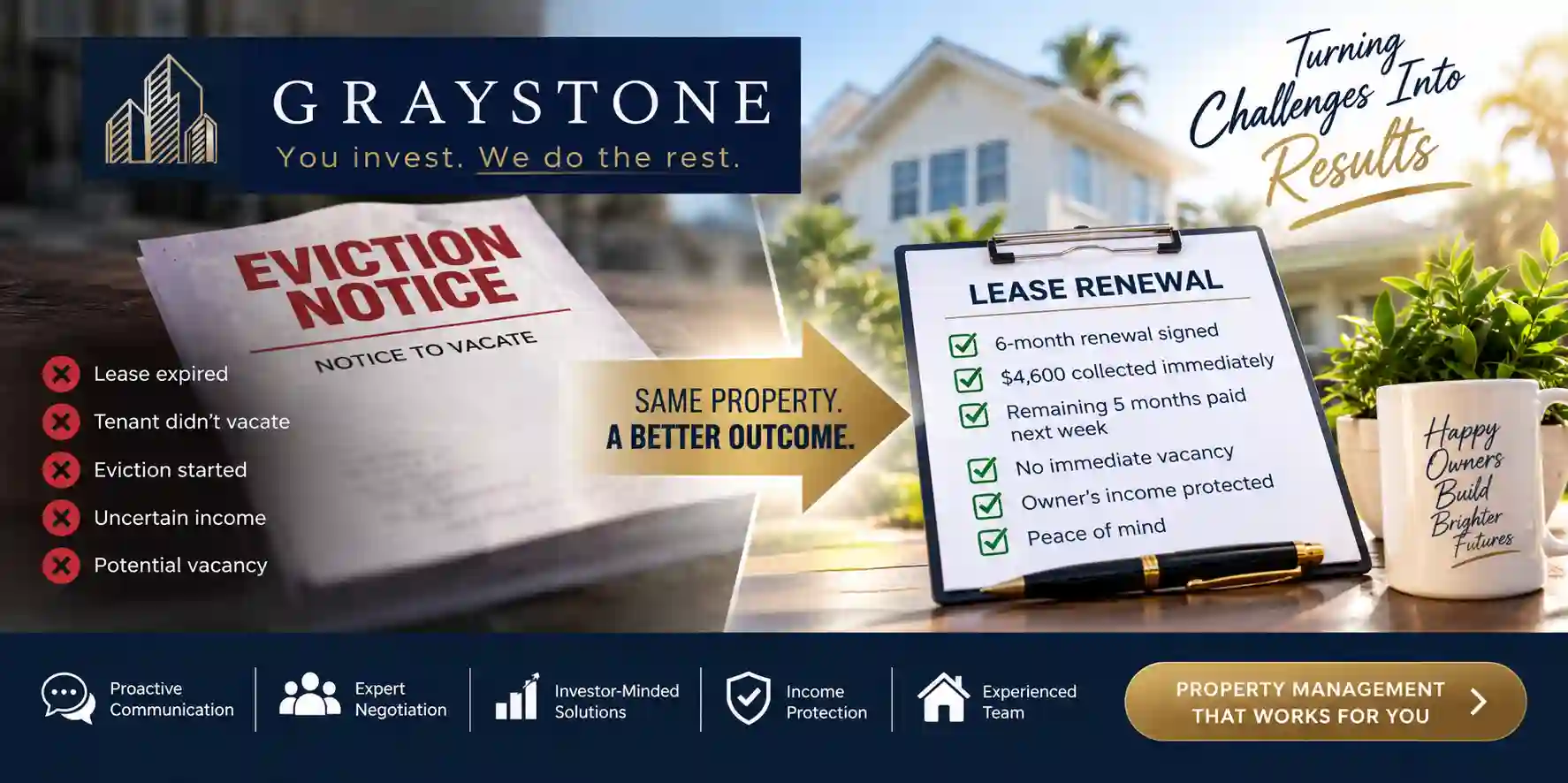 Banner showing Graystone branding with eviction notice and lease renewal board, conveying turning challenges into results for property management.