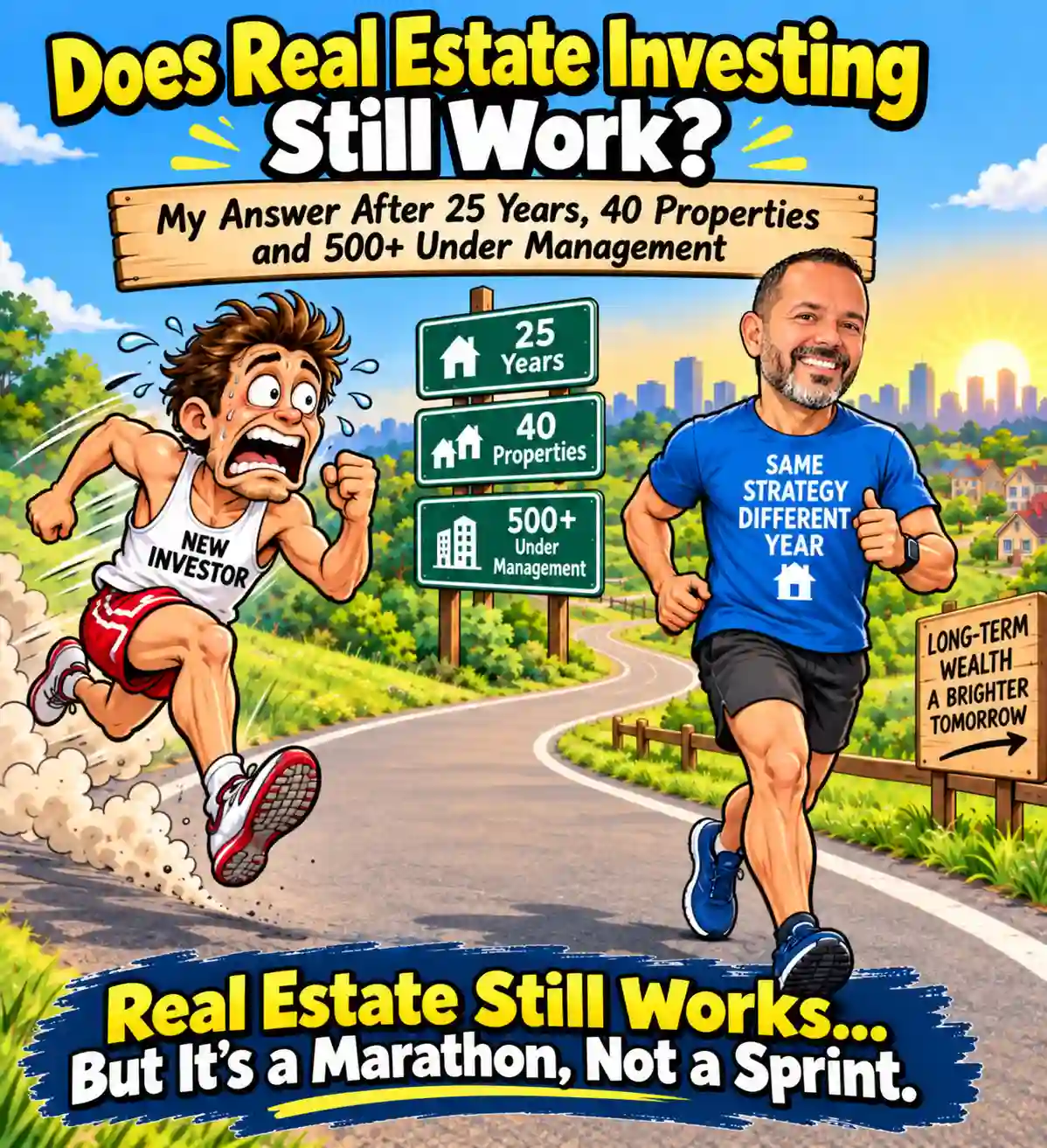 Colorful cartoon thumbnail of two runners on a country road, a question at top reading 'Does Real Estate Investing Still Work?' with signs showing '25 Years', '40 Properties', '500+ Under Management' between them.