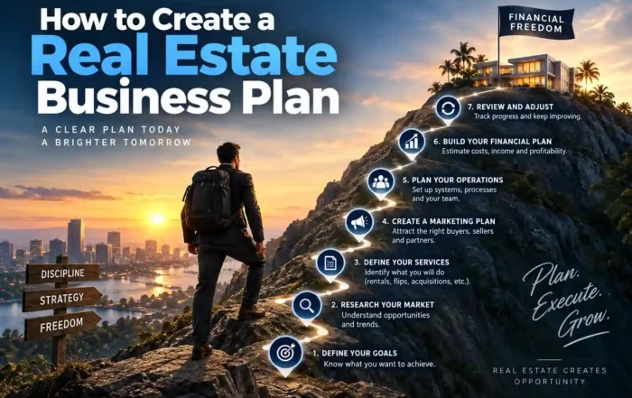 how to create a real estate busienss plan - Graystone Investment Group Man with a backpack stands on a rocky ridge at sunset, a seven-step real estate business plan unfolding up the mountain side.
