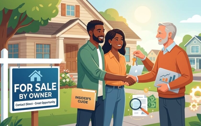 - Graystone Investment Group Couple shakes hands with an older man handing them keys in front of a 'For Sale by Owner' sign, depicting a home sale.