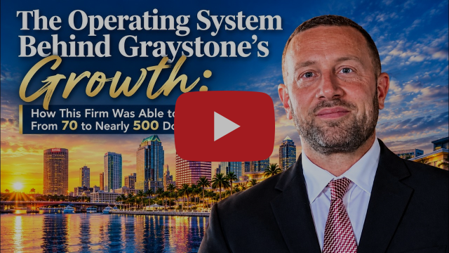 Jay - Graystone Investment Group Video thumbnail: a man in a suit stands before a sunset city skyline; title about Graystone's growth with a large play button overlay.