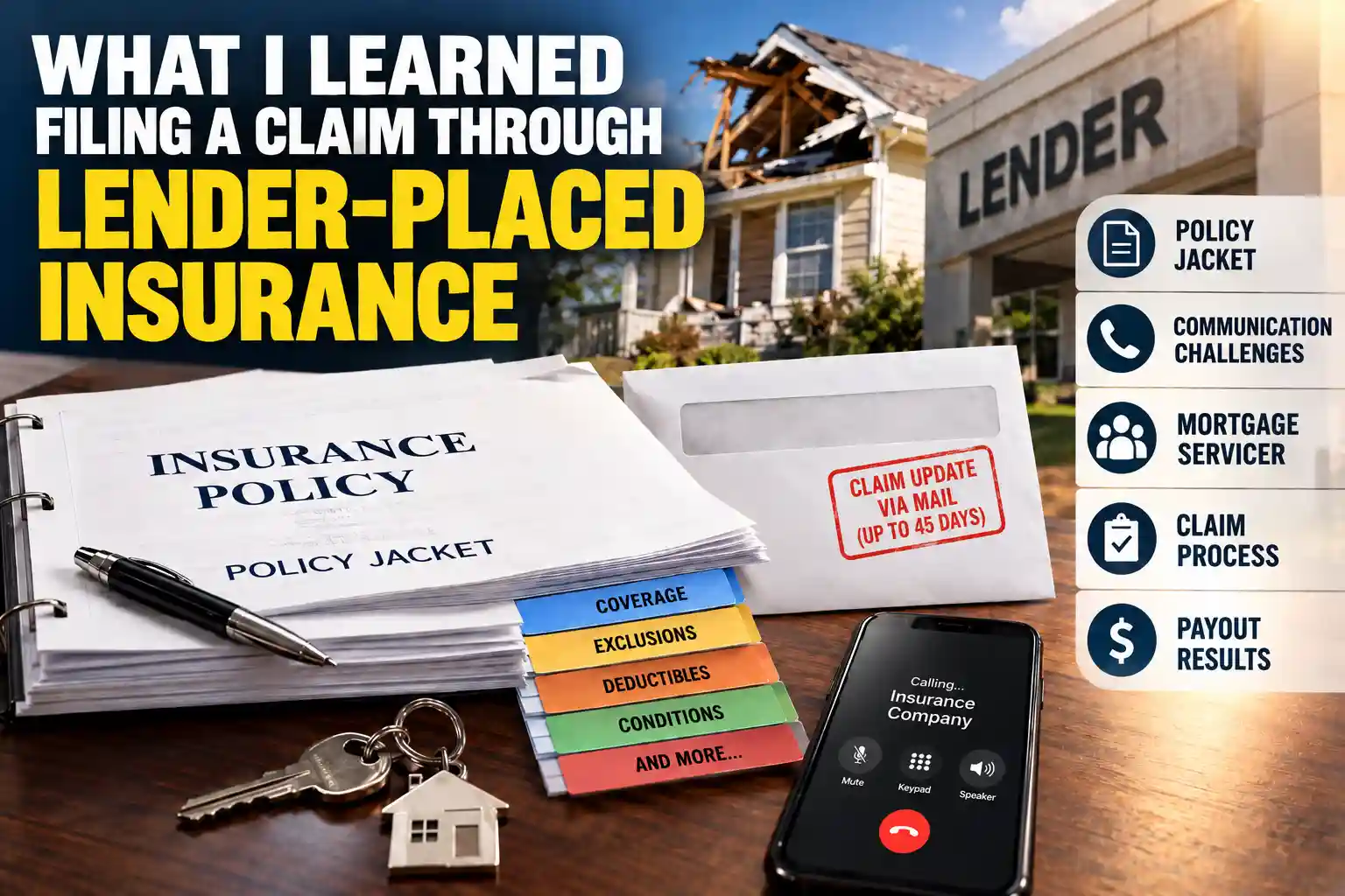Lender-Placed Insurance Claim Guide 1 - Graystone Investment Group - Graystone Investment Group Personal injury insurance claim scene with policy documents, folders, keys, and a smartphone on a desk outside a damaged house; bold text says 'Lender-Placed Insurance'.