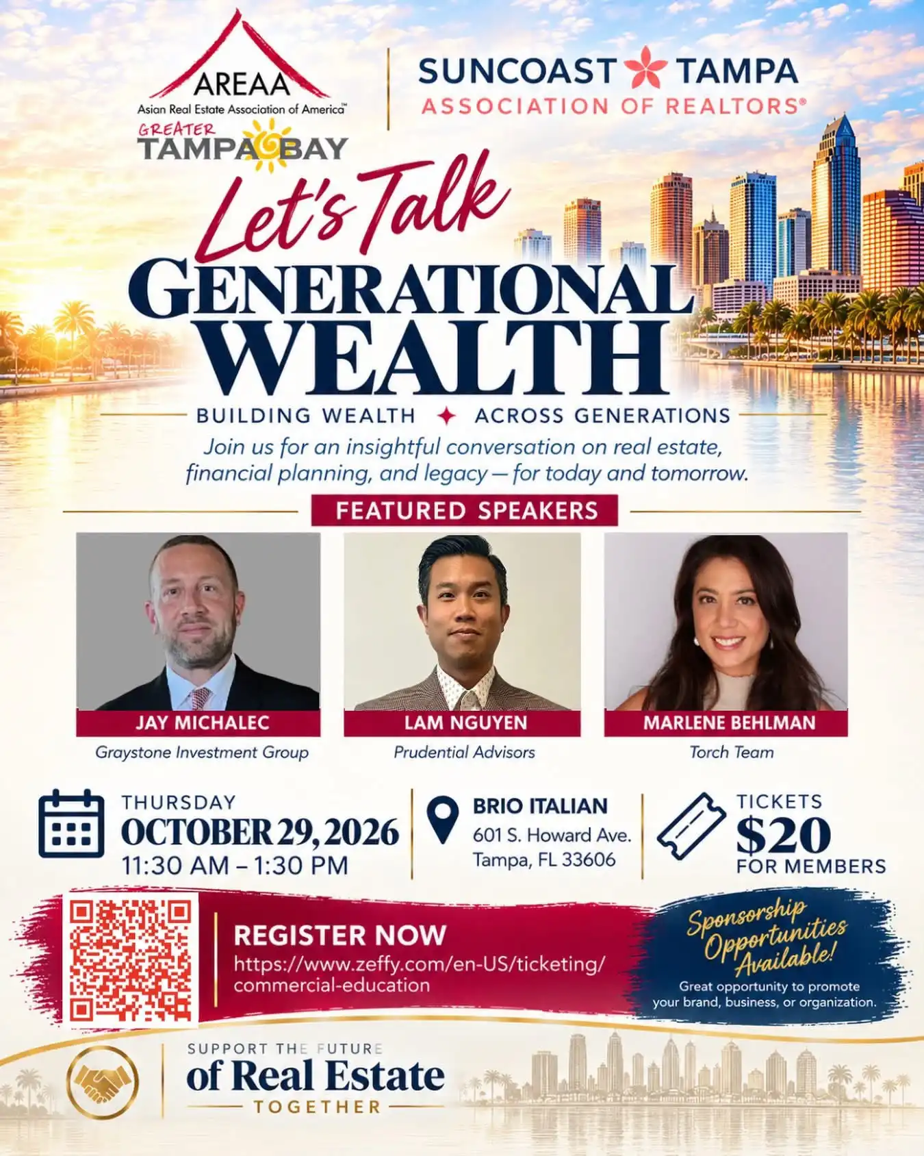 Promotional poster for 'Let's Talk Generational Wealth' with skyline, event logos, and three speaker headshots (Jay Michalec, Lam Nguyen, Marlene Behlman).