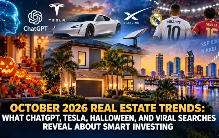 October 2026 Real Estate Trends - Graystone Investment Group Promotional banner for October 2026 real estate trends: house, Tesla, ChatGPT logos, skyline, Halloween pumpkins.